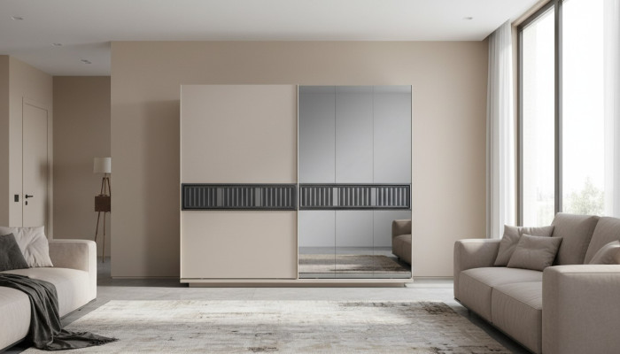 Armario moderno para dormitorio en beige con espejo y muebles de madera.