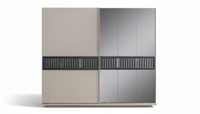 Armario moderno para dormitorio en beige con espejo y muebles de madera.