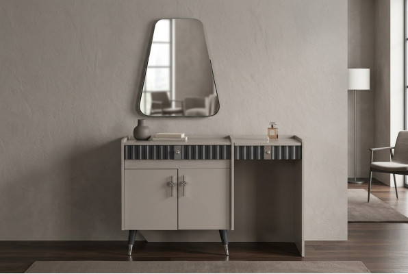 Mesa de maquillaje beige de madera, tocador de cosméticos, consola de diseñador, espejo de 2 piezas.