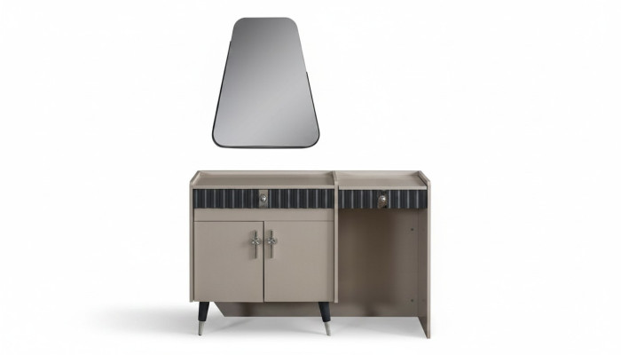 Mesa de maquillaje beige de madera, tocador de cosméticos, consola de diseñador, espejo de 2 piezas.