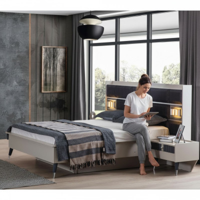 Conjunto de dormitorio gris y blanco con cama doble, 2 mesitas de noche, set de 3 piezas.