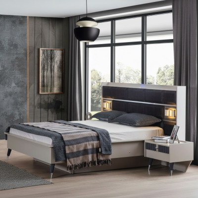 Conjunto de dormitorio gris y blanco con cama doble, 2 mesitas de noche, set de 3 piezas.