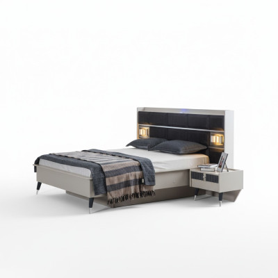 Conjunto de dormitorio gris y blanco con cama doble, 2 mesitas de noche, set de 3 piezas.