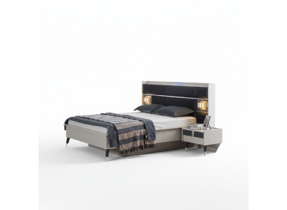Conjunto de dormitorio gris y blanco con cama doble, 2 mesitas de noche, set de 3 piezas.