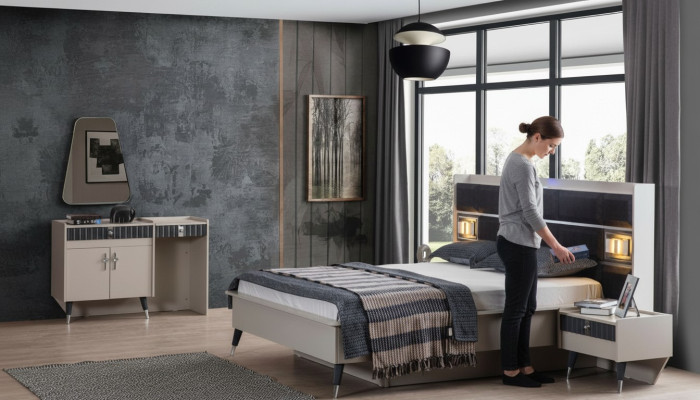 Conjunto de dormitorio: cama de lujo, tocador de diseñador, consola de 5 piezas.
