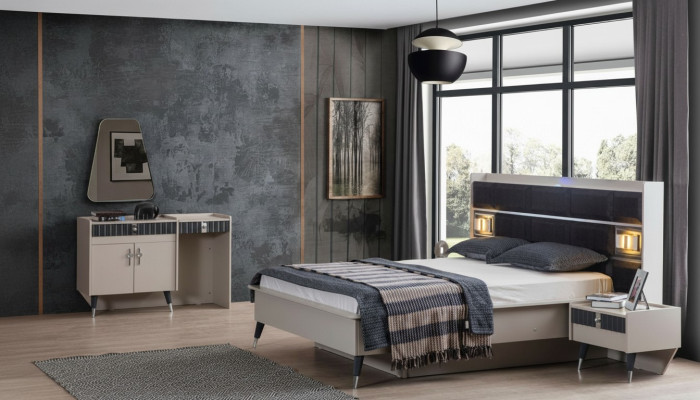 Conjunto de dormitorio: cama de lujo, tocador de diseñador, consola de 5 piezas.