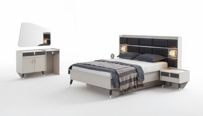 Conjunto de dormitorio: cama de lujo, tocador de diseñador, consola de 5 piezas.