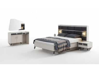 Conjunto de dormitorio: cama de lujo, tocador de diseñador, consola de 5 piezas.
