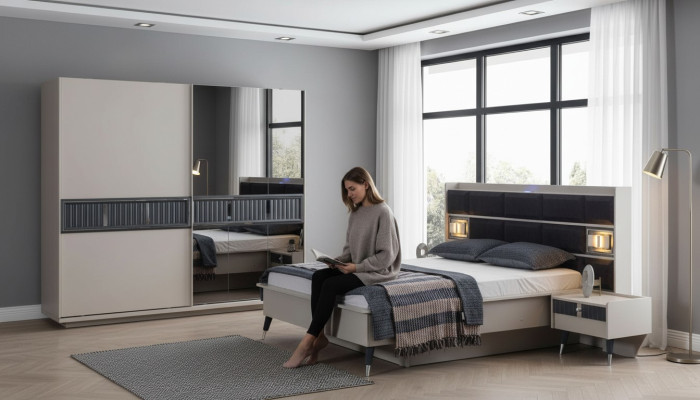 Muebles de dormitorio gris, cama de diseñador, 2 mesitas de noche, armario de madera, 4 piezas.
