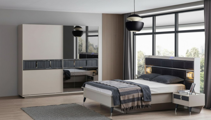 Muebles de dormitorio gris, cama de diseñador, 2 mesitas de noche, armario de madera, 4 piezas.