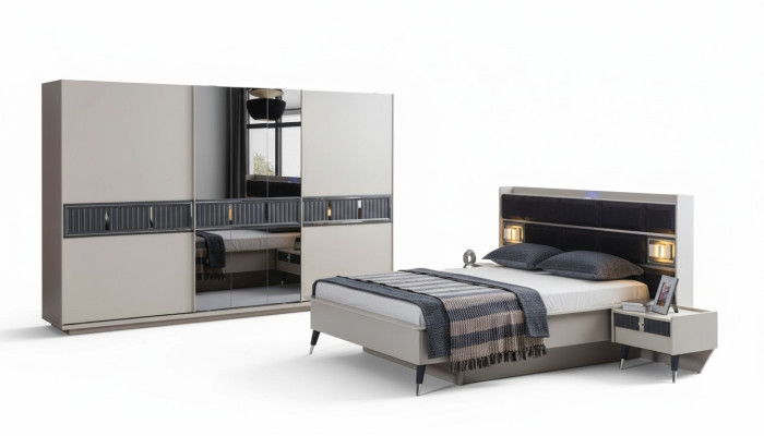 Muebles de dormitorio gris, cama de diseñador, 2 mesitas de noche, armario de madera, 4 piezas.