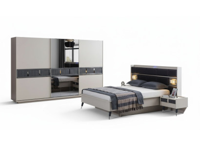 Muebles de dormitorio gris, cama de diseñador, 2 mesitas de noche, armario de madera, 4 piezas.
