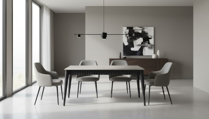 Mesa de comedor gris. Mesa de madera resistente de diseño de comedor. Muebles de lujo.