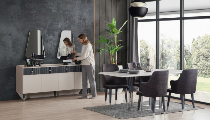 Grupo de comedor moderno: mesa rectangular, 6 sillas, aparador y 2 espejos.