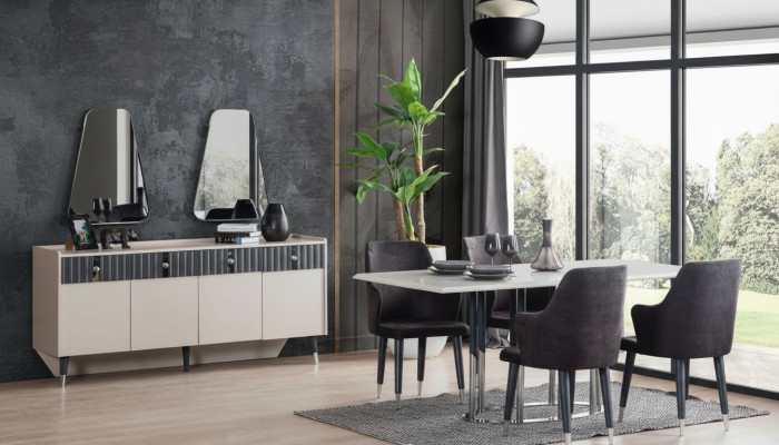 Grupo de comedor moderno: mesa rectangular, 6 sillas, aparador y 2 espejos.