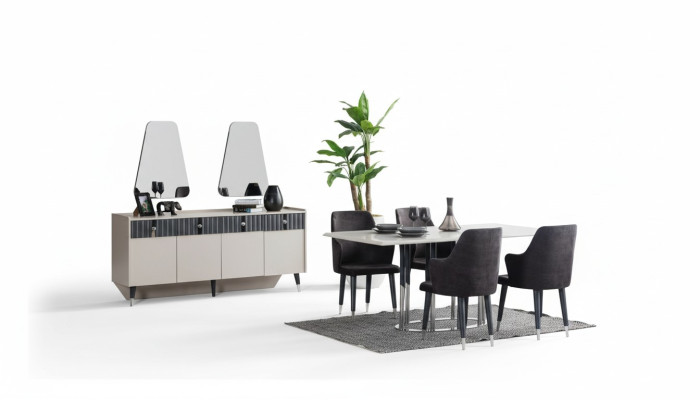 Grupo de comedor moderno: mesa rectangular, 6 sillas, aparador y 2 espejos.