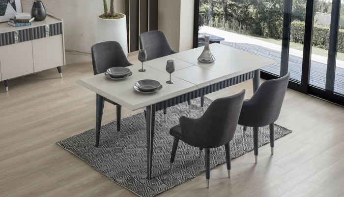 Mesa de comedor blanca rectangular de diseñador con 6 sillas tapizadas grises, set de 7 piezas.