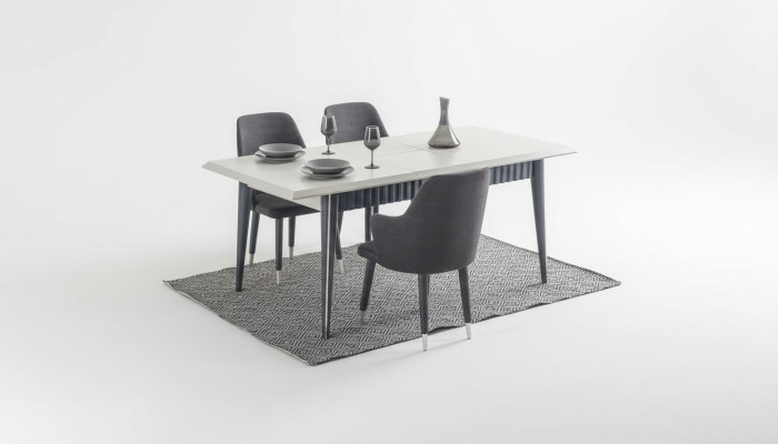 Mesa de comedor blanca rectangular de diseñador con 6 sillas tapizadas grises, set de 7 piezas.