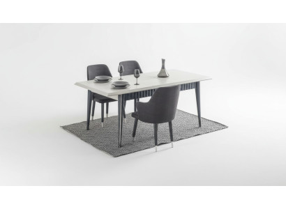 Mesa de comedor blanca rectangular de diseñador con 6 sillas tapizadas grises, set de 7 piezas.