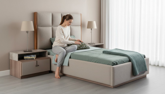 Conjunto de habitación de niños en beige, cama individual de diseñador de madera, mesita de noche de 2 piezas.