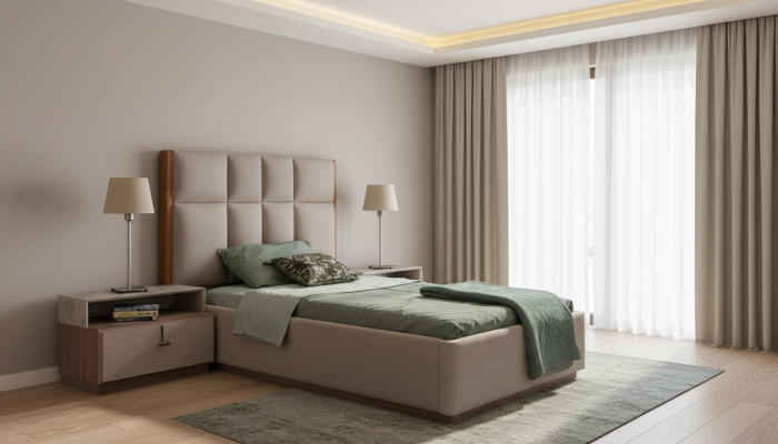 Conjunto de habitación de niños en beige, cama individual de diseñador de madera, mesita de noche de 2 piezas.