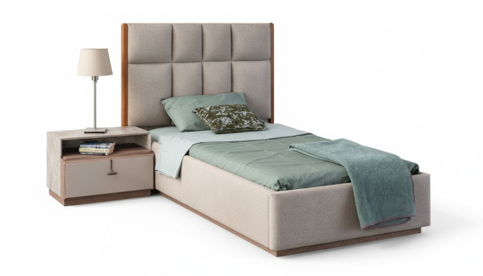 Conjunto de habitación de niños en beige, cama individual de diseñador de madera, mesita de noche de 2 piezas.