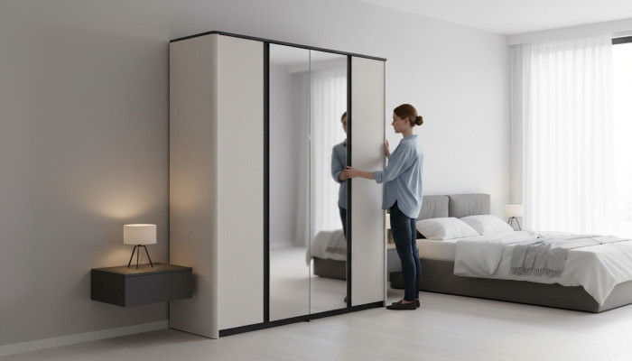Armario gris para dormitorio, armario de espejo de diseñador de madera.