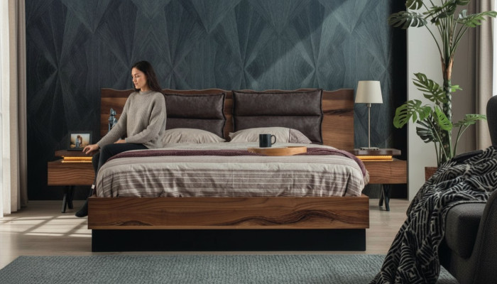 Dormitorio conjunto de madera Cama robusta 2 mesitas de noche Set de lujo de 3 piezas.