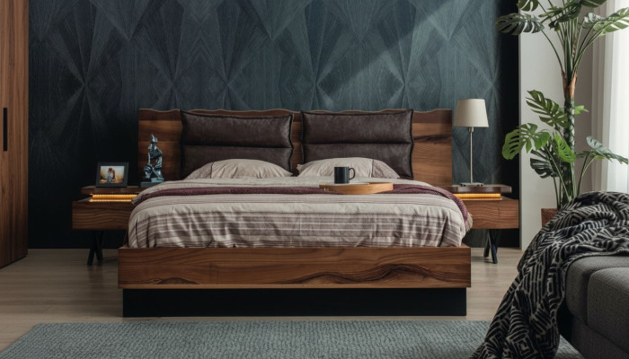 Dormitorio conjunto de madera Cama robusta 2 mesitas de noche Set de lujo de 3 piezas.