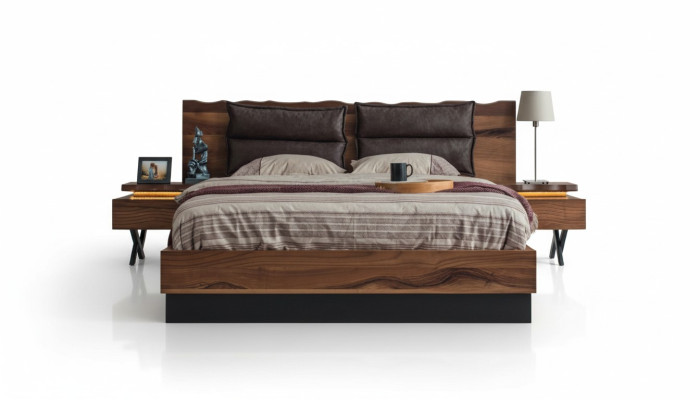 Dormitorio conjunto de madera Cama robusta 2 mesitas de noche Set de lujo de 3 piezas.