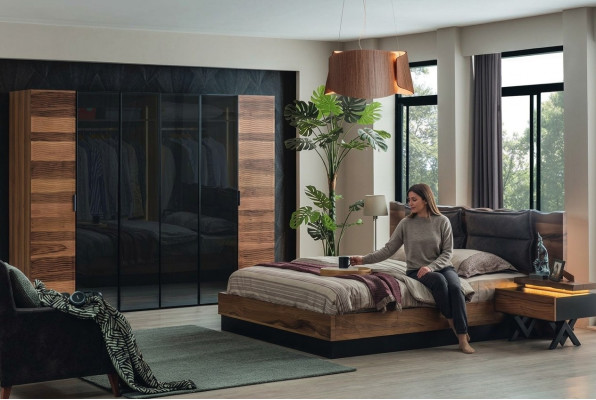 Muebles modernos para dormitorio, cama de diseñador, 2 mesitas de noche, armario.
