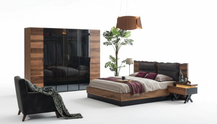 Muebles modernos para dormitorio, cama de diseñador, 2 mesitas de noche, armario.