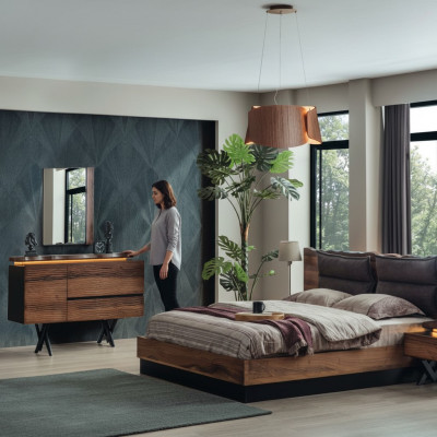 Conjunto de dormitorio moderno de madera con cama doble de diseñador y mesilla de noche, de 5 piezas.