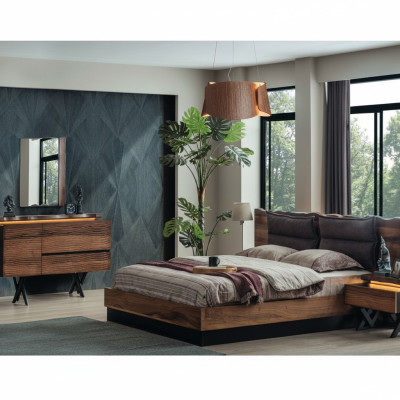 Conjunto de dormitorio moderno de madera con cama doble de diseñador y mesilla de noche, de 5 piezas.