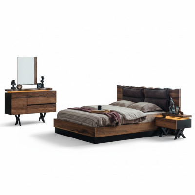 Conjunto de dormitorio moderno de madera con cama doble de diseñador y mesilla de noche, de 5 piezas.