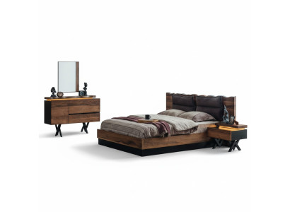 Conjunto de dormitorio moderno de madera con cama doble de diseñador y mesilla de noche, de 5 piezas.