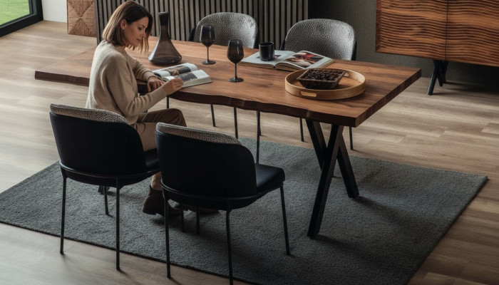 Mesa de comedor de madera exclusiva con 6 sillas tapizadas modernas, juego de comedor.