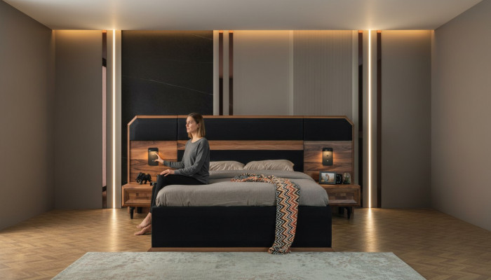 Mueble de dormitorio de madera marrón-negra con cama doble y 2 mesitas de noche, juego de 3 piezas.