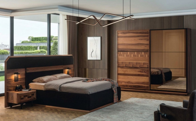 Exquisito conjunto de dormitorio Cama doble elegante 2 mesitas de noche de madera