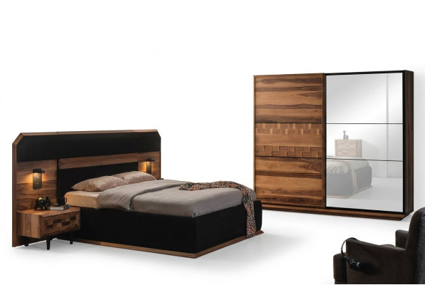 Exquisito conjunto de dormitorio Cama doble elegante 2 mesitas de noche de madera