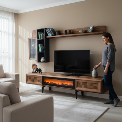 Conjunto de muebles de pared de sala de estar marrón Diseñador soporte de TV RTV Estantes de madera LED