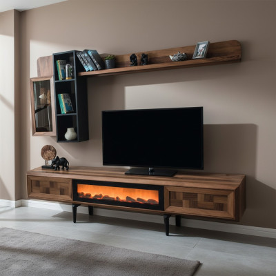 Conjunto de muebles de pared de sala de estar marrón Diseñador soporte de TV RTV Estantes de madera LED