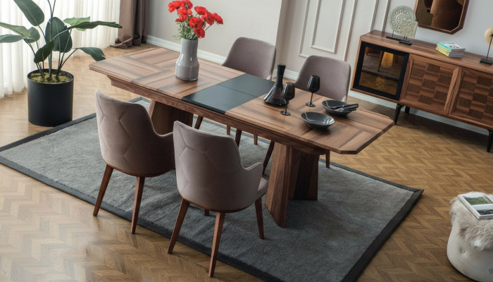 Conjunto completo de mesa de comedor, esquina de diseñador, mesa de comedor de madera con 6 sillas tapizadas.