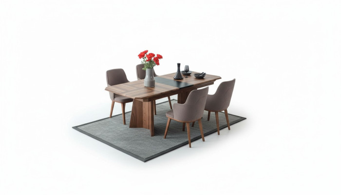Conjunto completo de mesa de comedor, esquina de diseñador, mesa de comedor de madera con 6 sillas tapizadas.