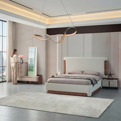 Elegantes mobiliario de dormitorio beige conjunto de 5 piezas: cama doble tapizada y tocador.