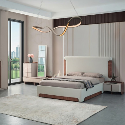 Elegantes mobiliario de dormitorio beige conjunto de 5 piezas: cama doble tapizada y tocador.