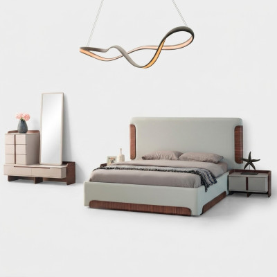 Elegantes mobiliario de dormitorio beige conjunto de 5 piezas: cama doble tapizada y tocador.