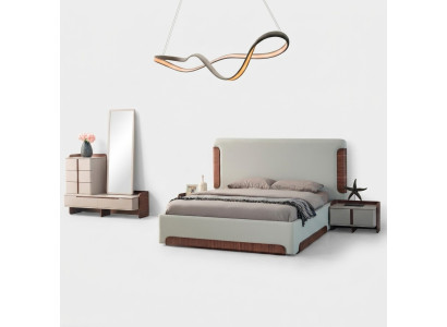 Elegantes mobiliario de dormitorio beige conjunto de 5 piezas: cama doble tapizada y tocador.