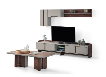 Elegante conjunto de pared para el salón, soporte de TV de diseñador de madera, mesa de centro.