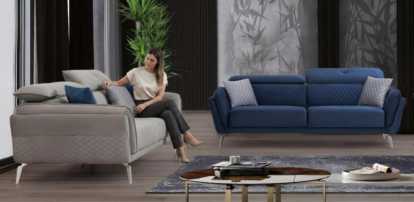 Sofá tapizado de diseñador Conjunto de sofás de tela azul-gris de lujo 2x 3 plazas.